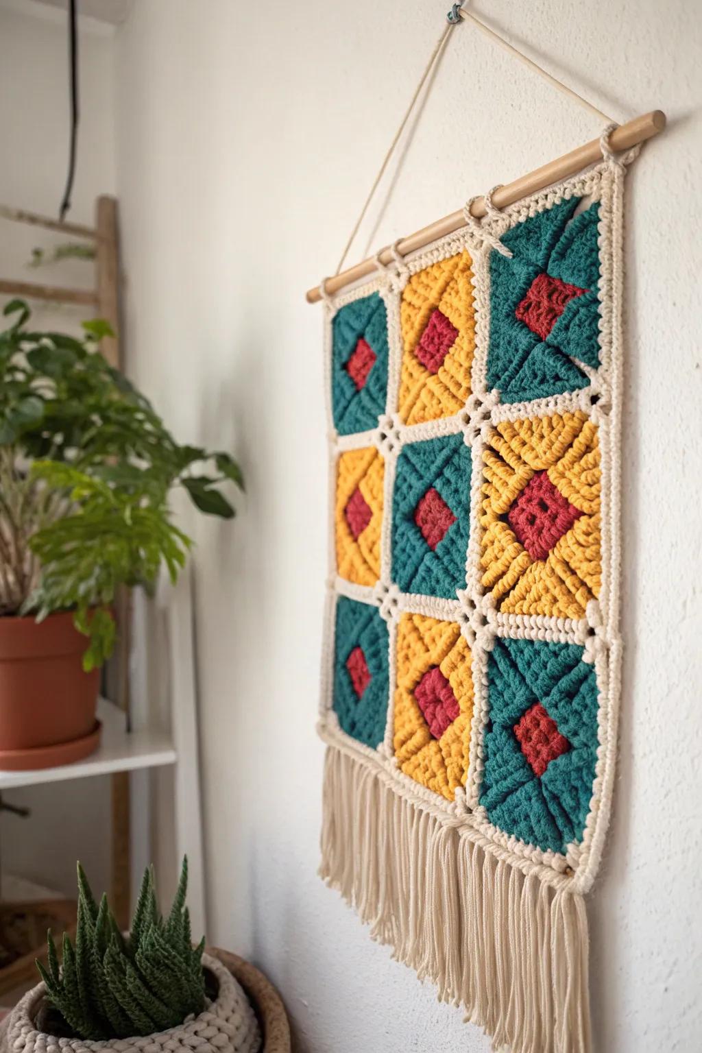 Elevate your space with a unique splash of color and craftsmanship—discover the charm of granny square wall hangings!