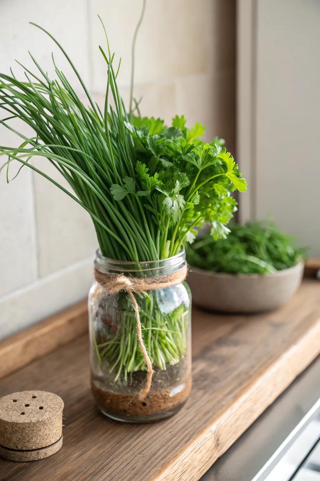 Transform your kitchen with Mason Jar Magic: A stylish and practical way to grow herbs indoors.