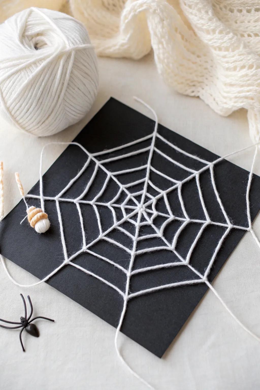 Embrace the charm of minimalistic Halloween crafts with this stunning spider web yarn art—perfect for adding a touch of whimsy to your festive decor!