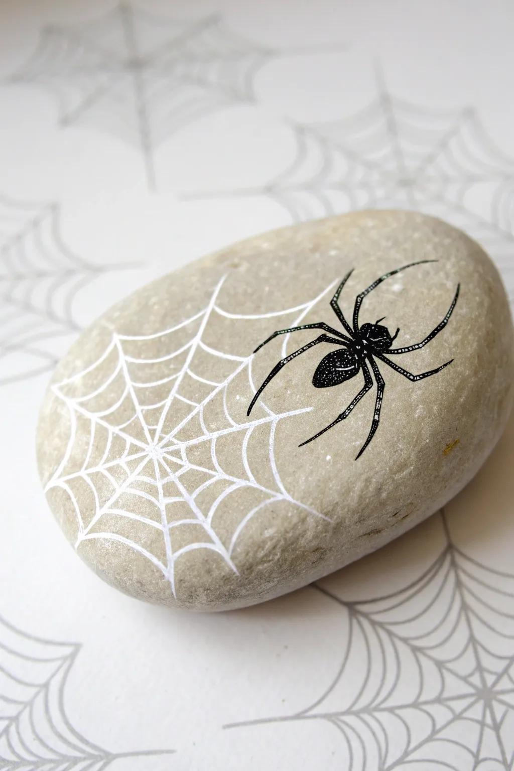 Creepy-crawly elegance: Minimalist spider rock art for a chic Halloween vibe.