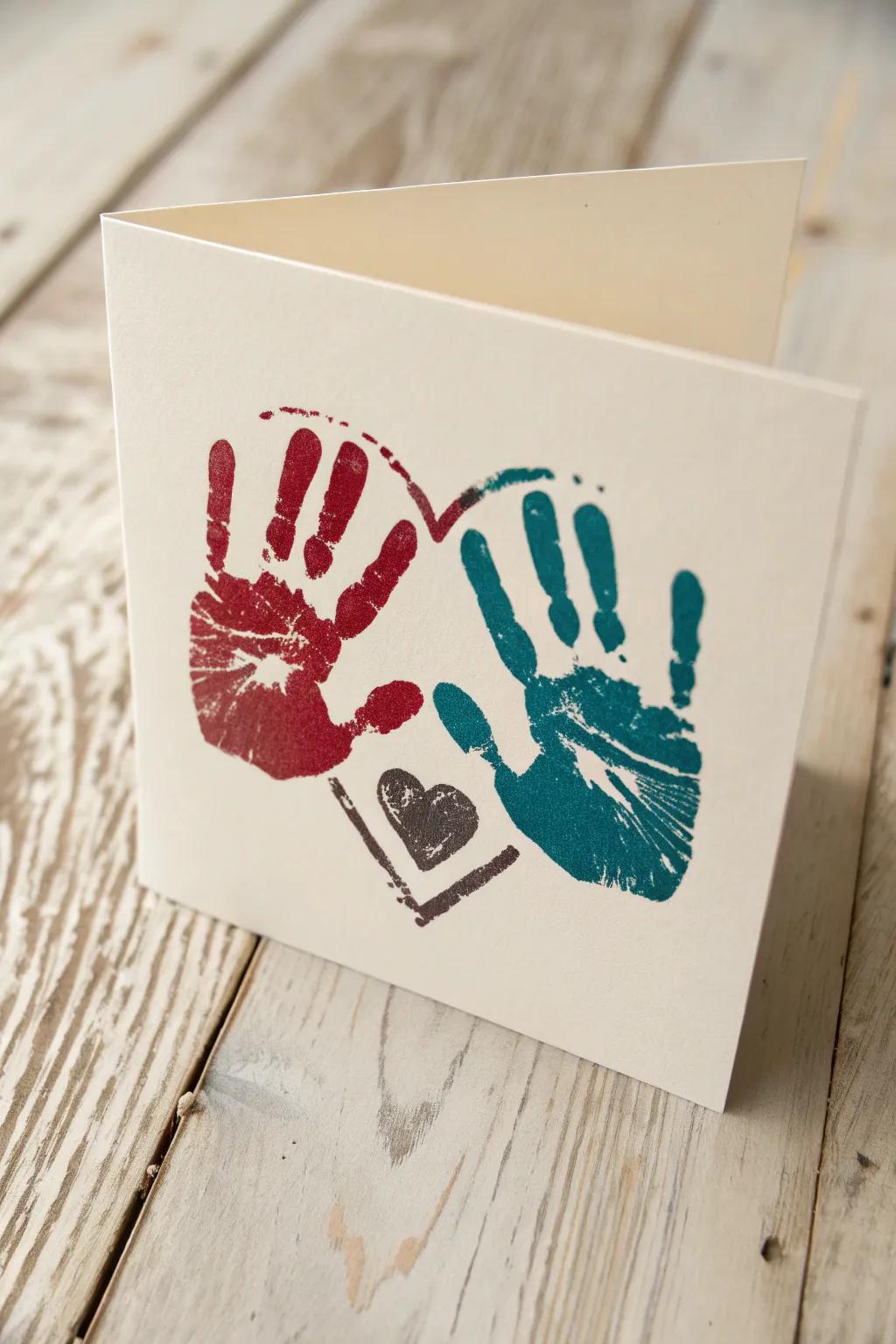 Express your love with a heart-shaped handprint card, blending minimalist elegance with bold colors.