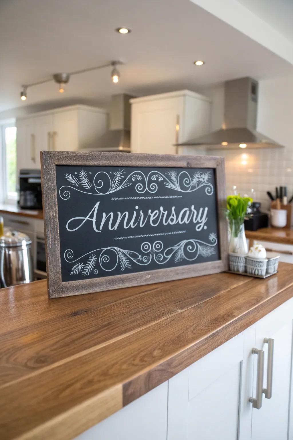 Elegant chalkboard sign with decorative lettering, adding a personal touch to any celebration.