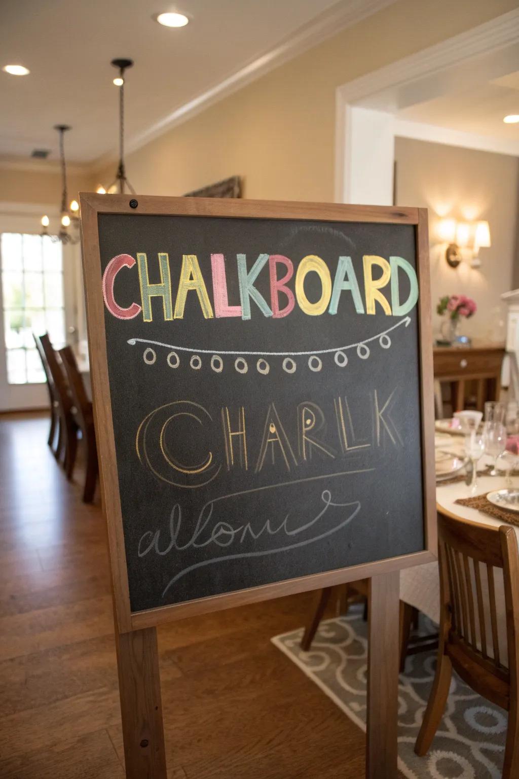 A personalized chalkboard sign featuring the birthday celebrant's name.