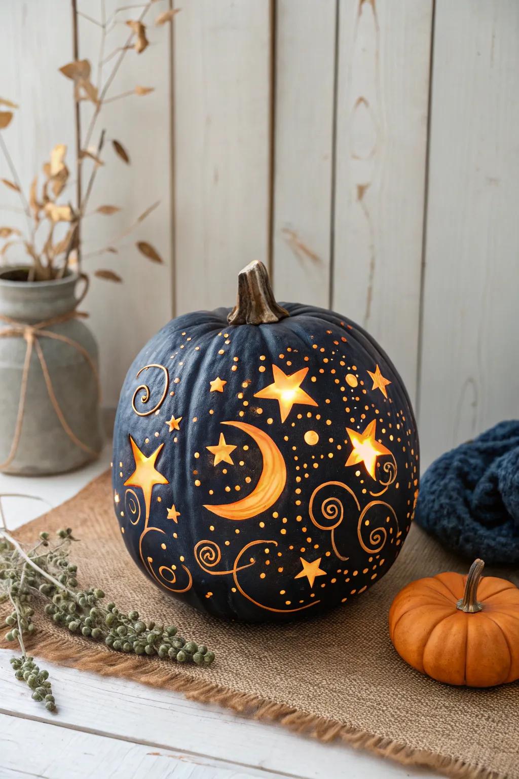 Bring a touch of magic to your porch with a Starry Night Pumpkin—where Scandinavian simplicity meets boho elegance.