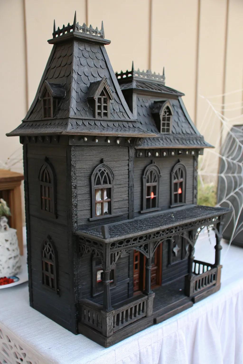 Transform a dollhouse into a captivating mini haunted mansion centerpiece—where spooky meets Scandinavian chic.
