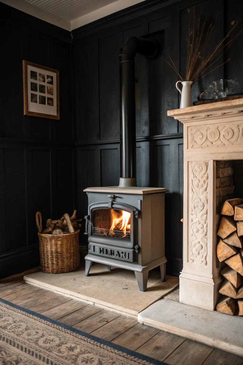 Contrasting colors make the wood stove a focal point in the room.