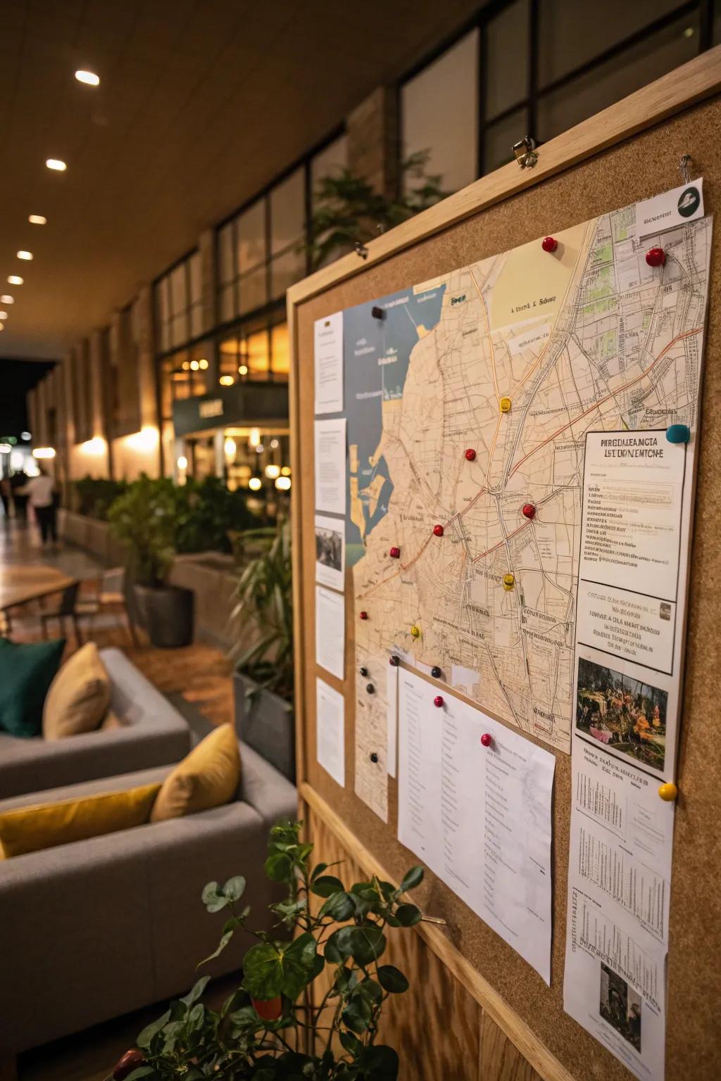 A community map on the bulletin board guiding residents through their neighborhood.