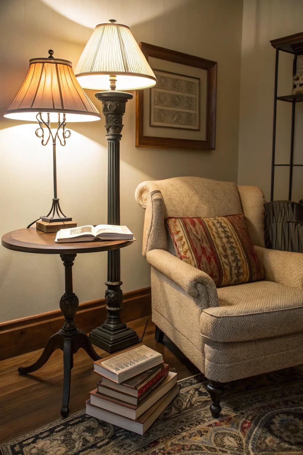 Ensure focused reading with well-placed table and floor lamps.