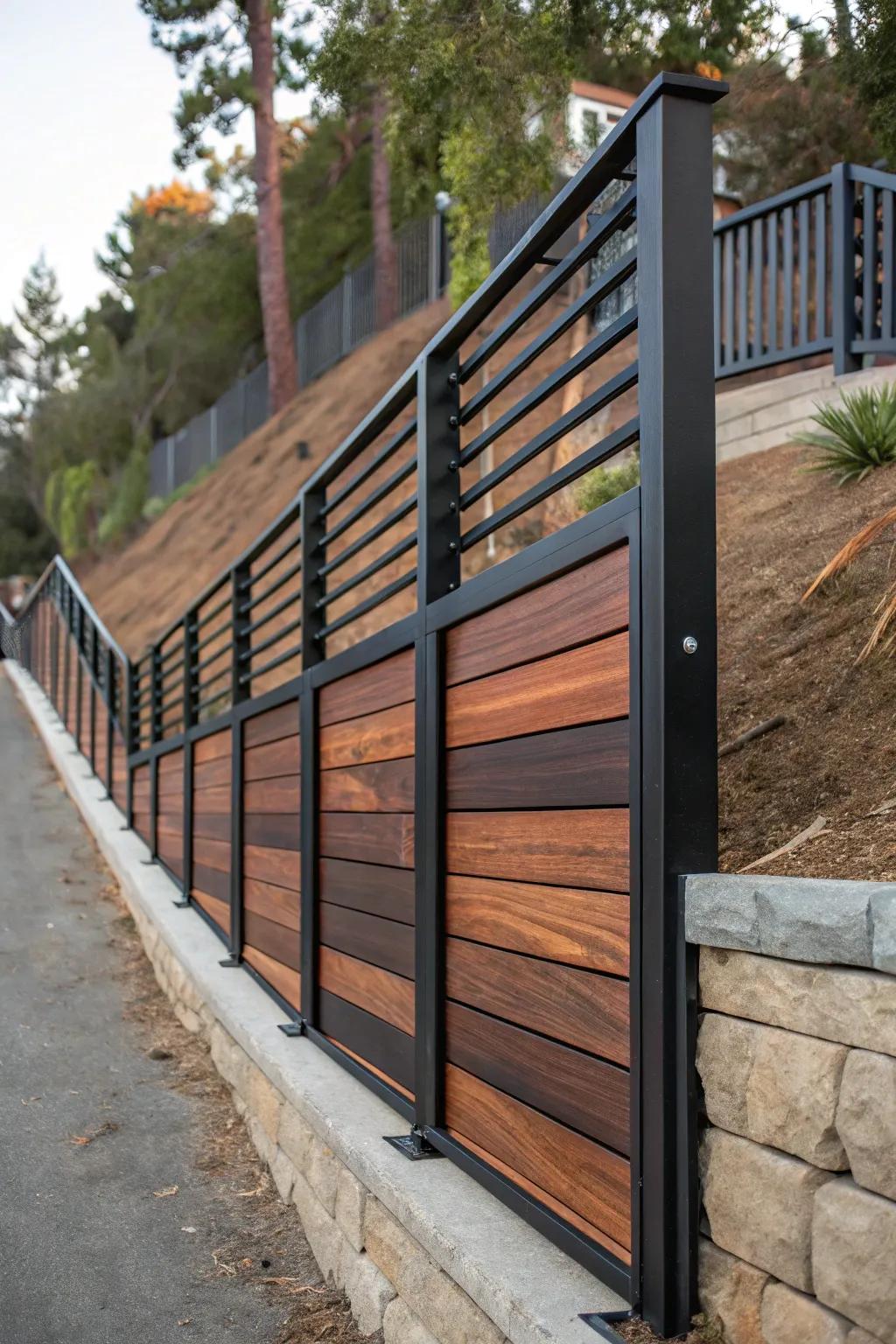 Elevate your landscape with a bold blend of wood and metal for a horizontal fence that redefines craftsmanship.