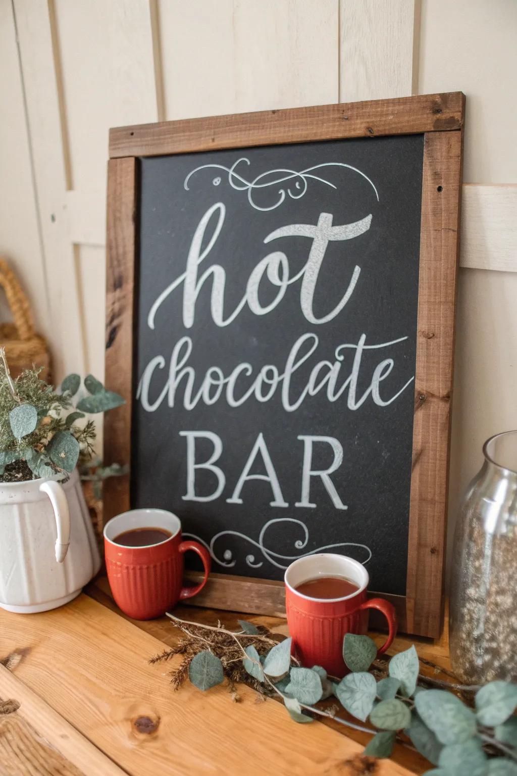 Set the scene with a charming chalkboard sign for your hot chocolate station—perfect for adding a touch of warmth and style to any gathering.