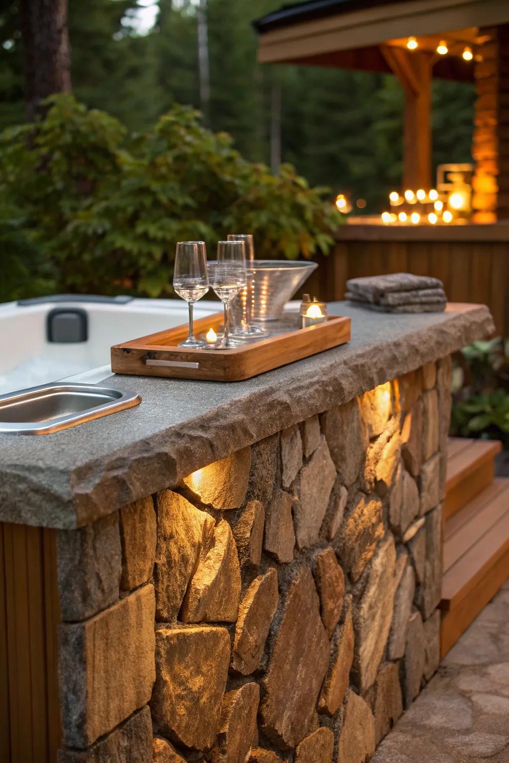 Elevate your hot tub experience with a rustic yet refined natural stone bar, perfect for those who appreciate the art of craftsmanship.