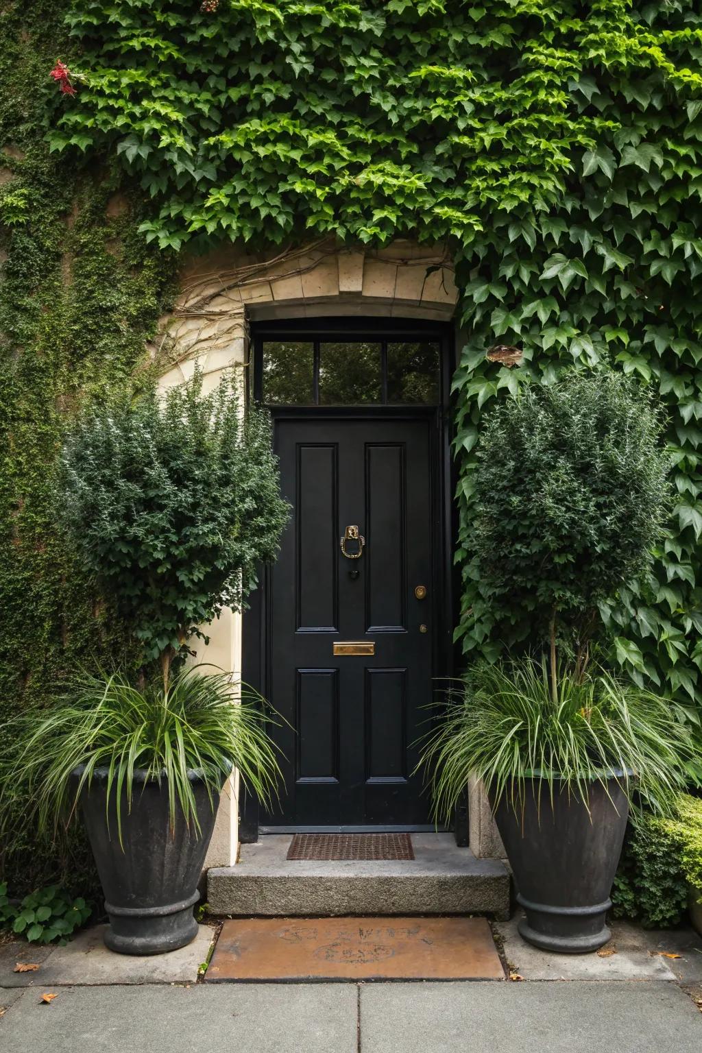 Lush greenery framing a stylish black door.
