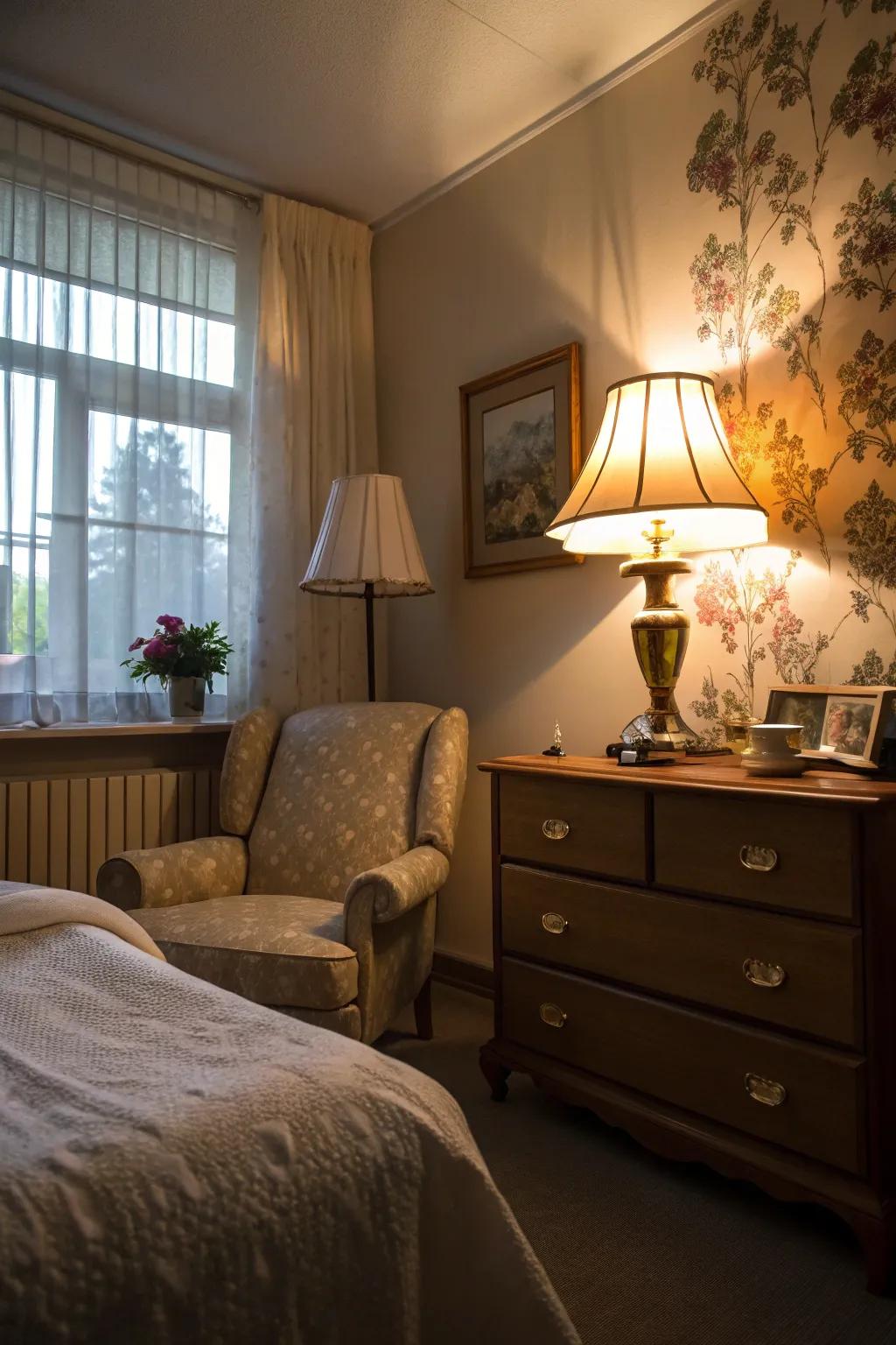 Ambient lighting adds a cozy glow to the space.