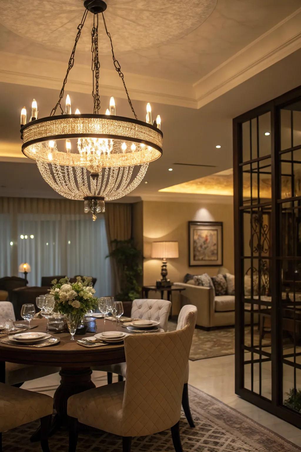 Lighting choices distinctly define the dining and living areas.