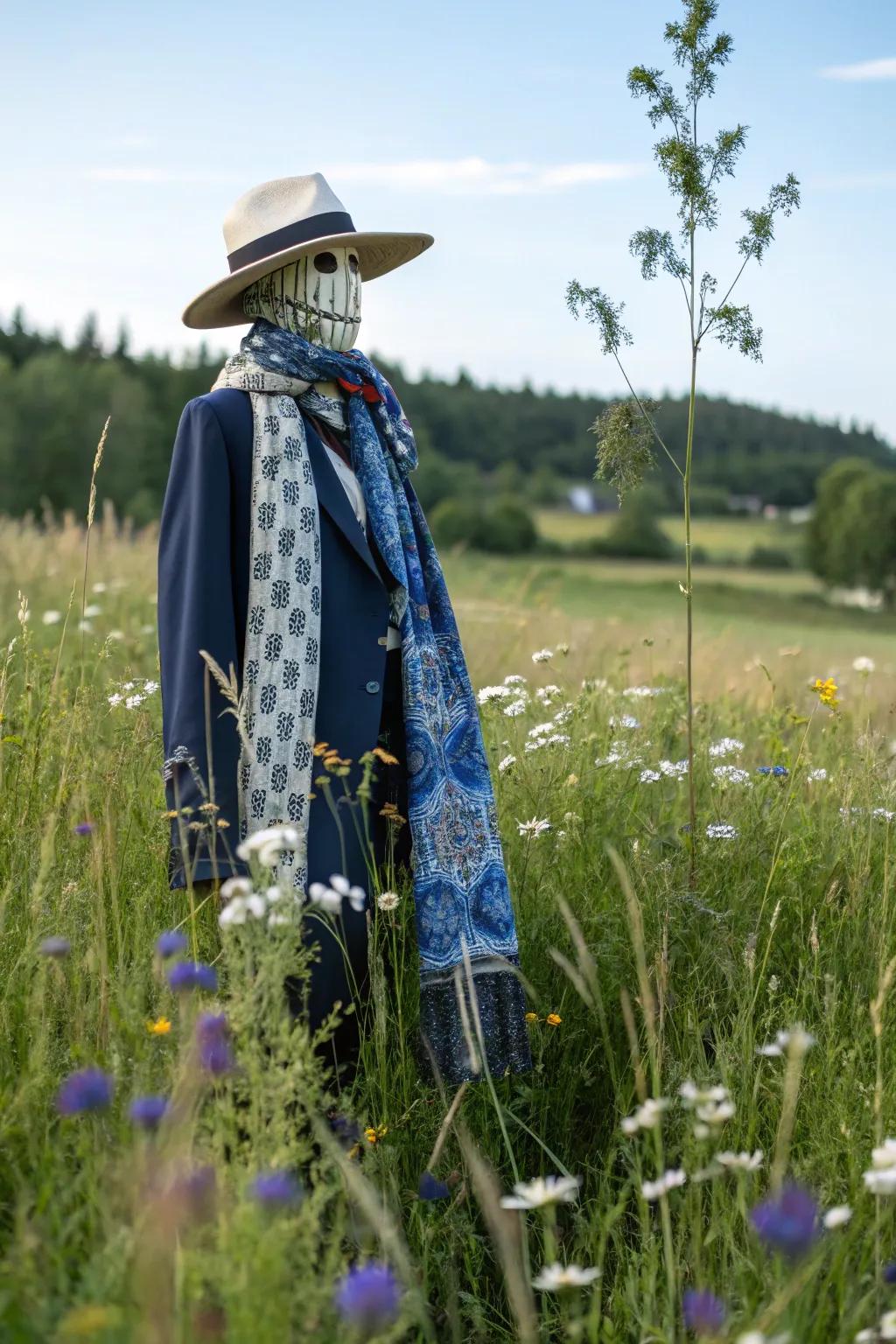 A stylish twist on traditional scarecrows, blending fashion and function effortlessly.