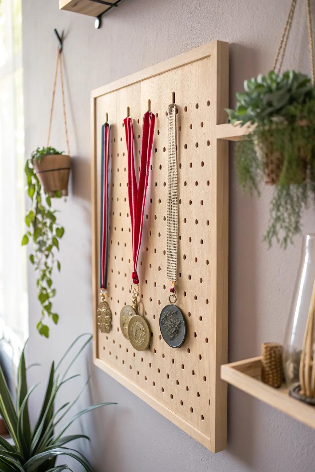 Elevate your achievements with a stylish pegboard display that grows with your collection!