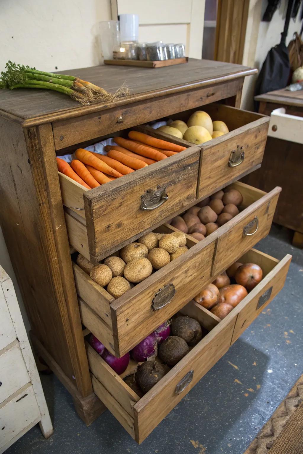 A repurposed dresser serving as a chic storage solution for root vegetables.