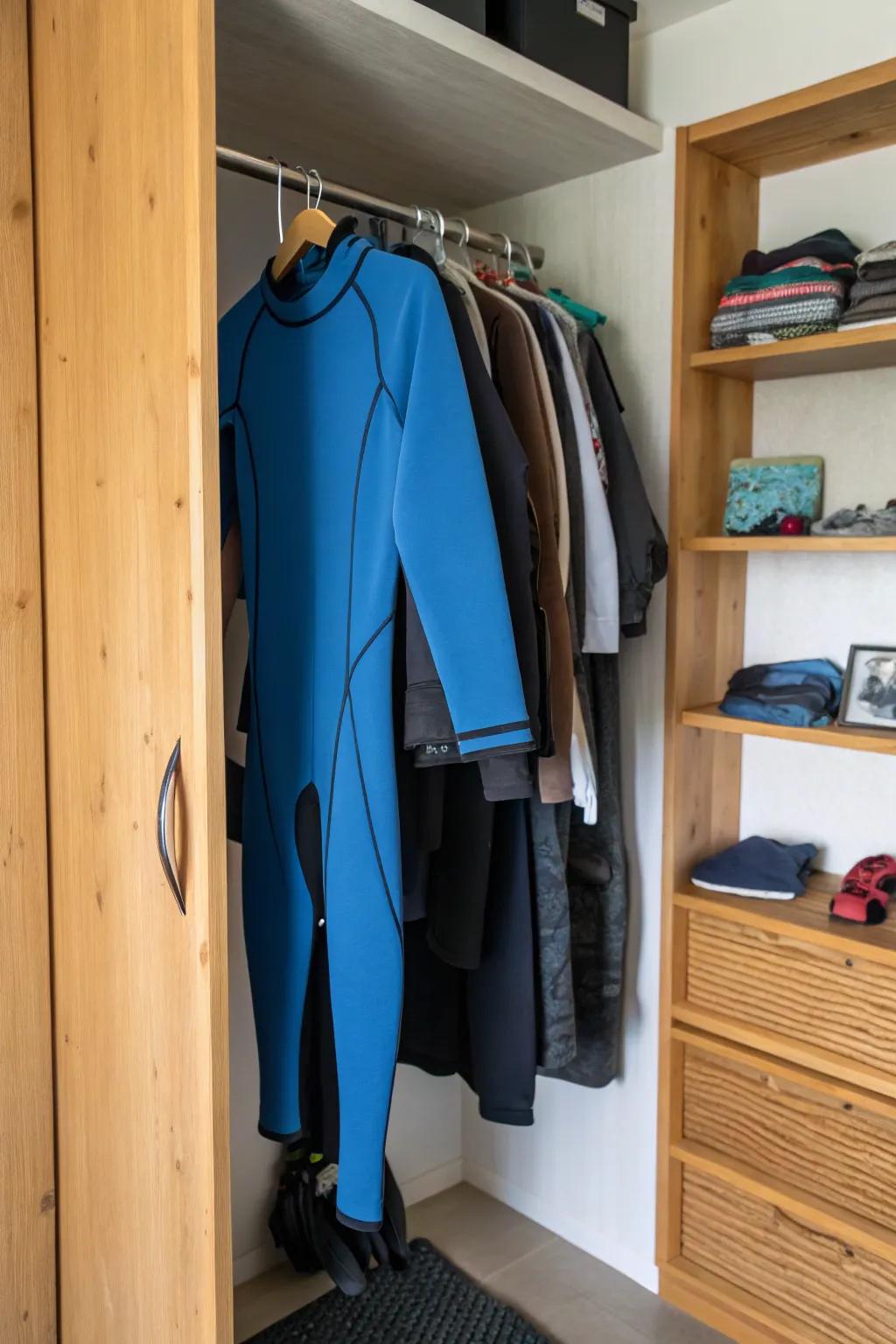 A wetsuit hanging in a closet, blending seamlessly with other clothing items.