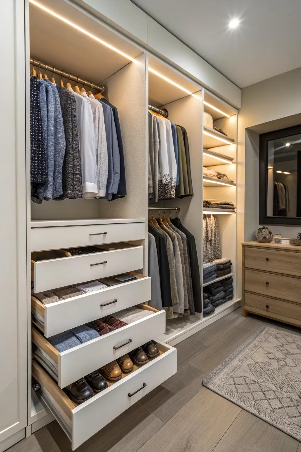 Pull-out drawers bring deep closet contents within reach effortlessly.