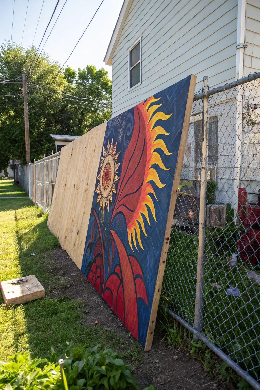 Transform your fence into a masterpiece with bold painted plywood panels!
