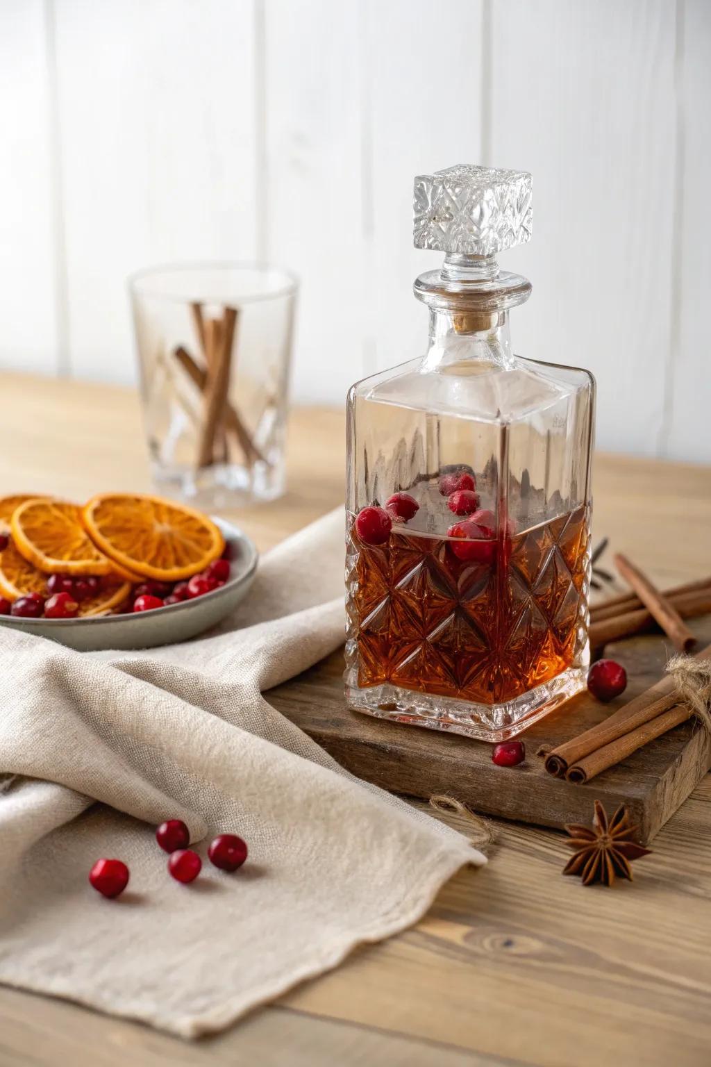 Warm up your winter with a splash of Cranberry Orange Cinnamon Whiskey.