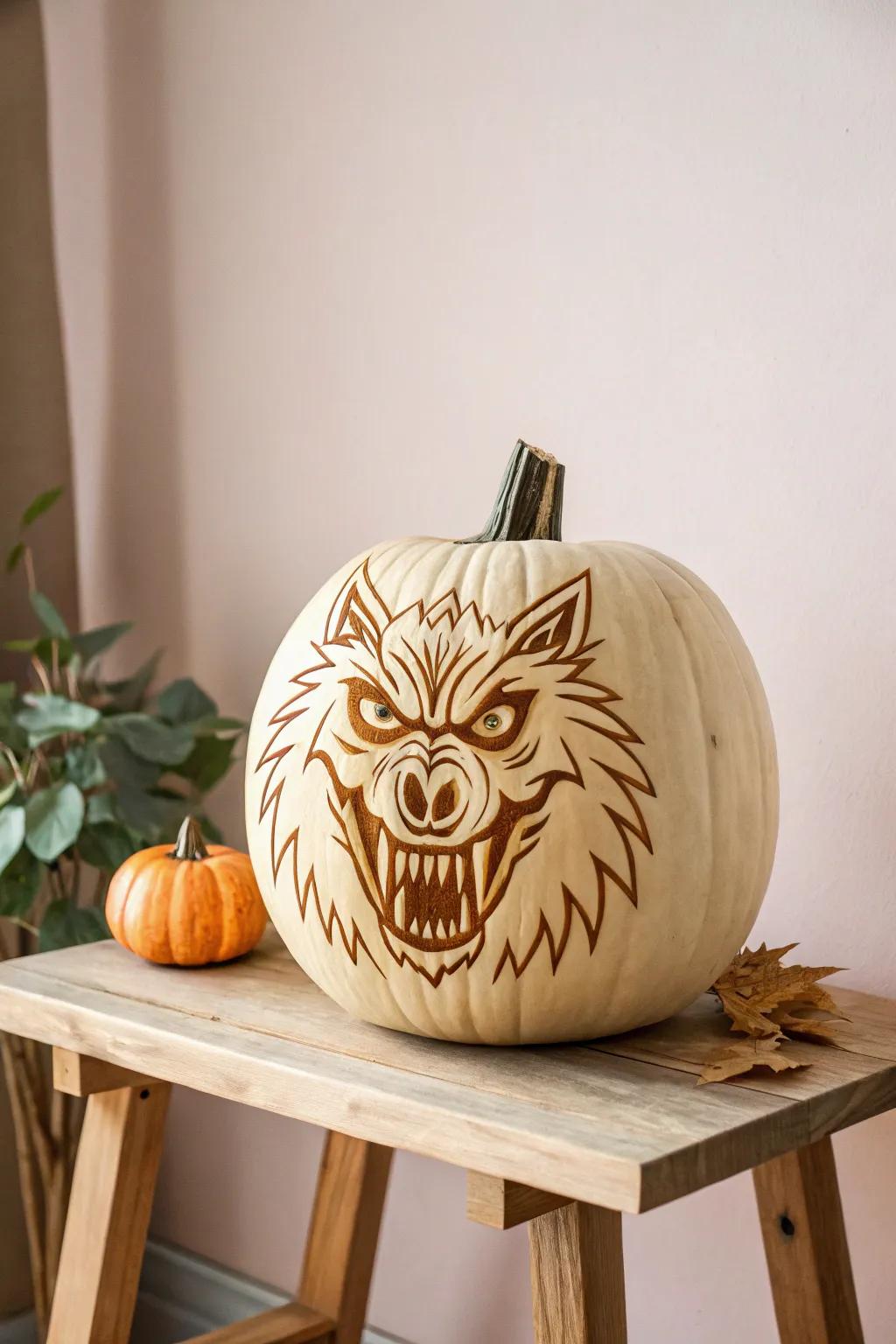 Unleash your creativity with a werewolf snarl jack-o'-lantern, where craftsmanship meets spooky elegance!