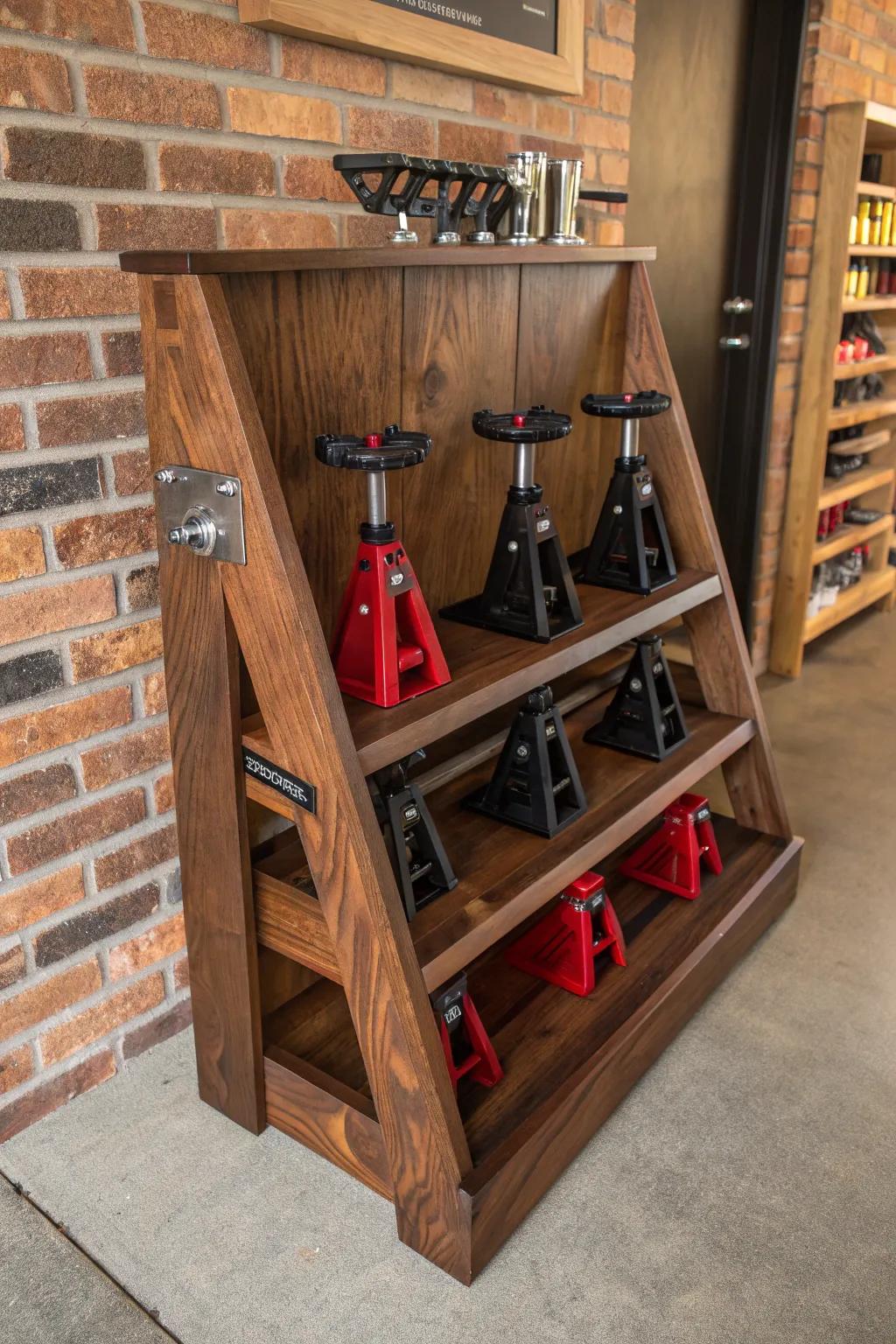 Elevate your garage organization with a custom-built rack that combines functionality and craftsmanship.