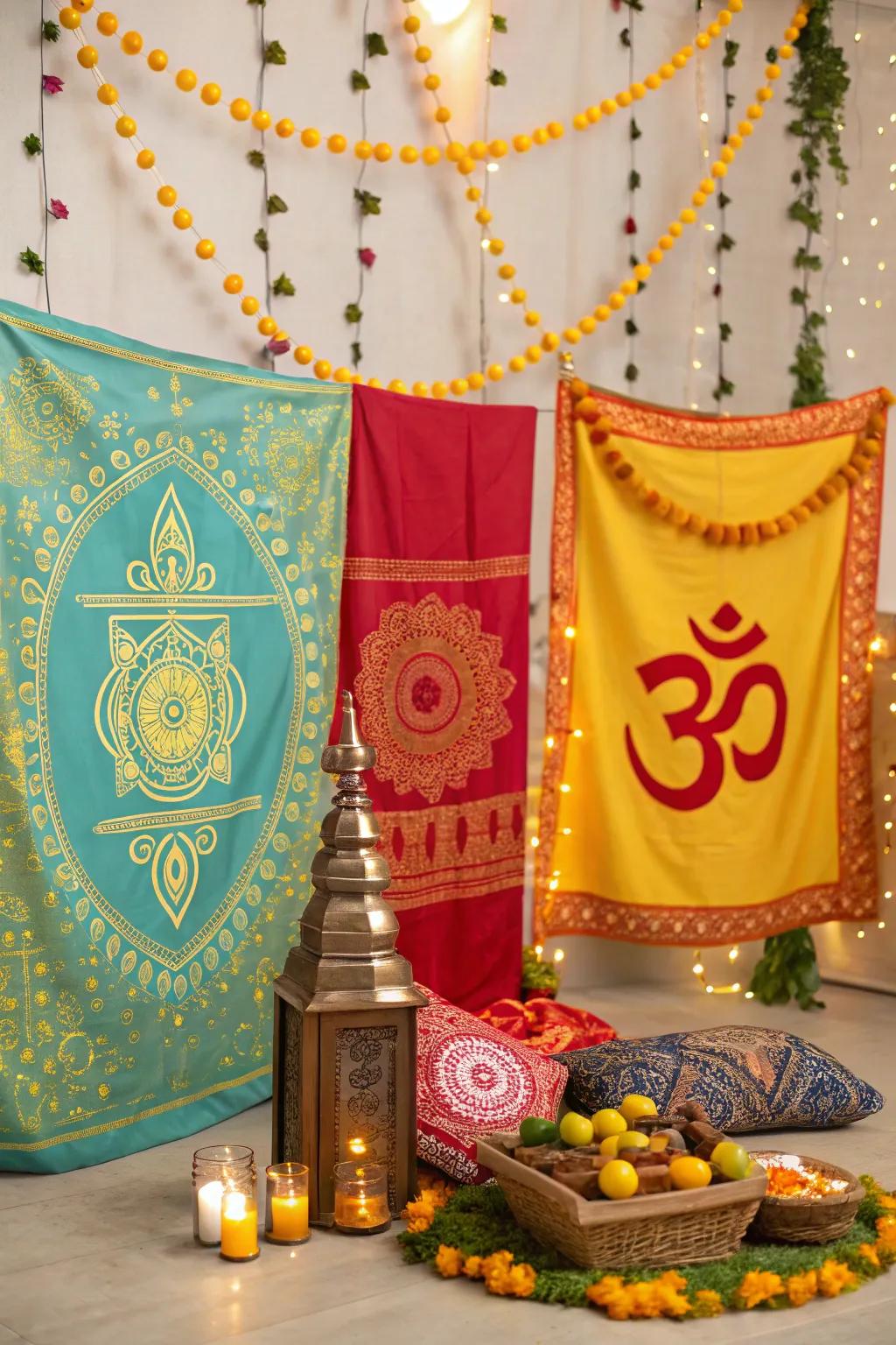 Thematic backdrops bring Krishna's enchanting realms to life.