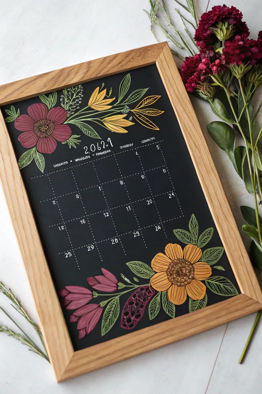 Bring the garden indoors with a stunning floral chalkboard calendar, where simplicity meets vibrant elegance.