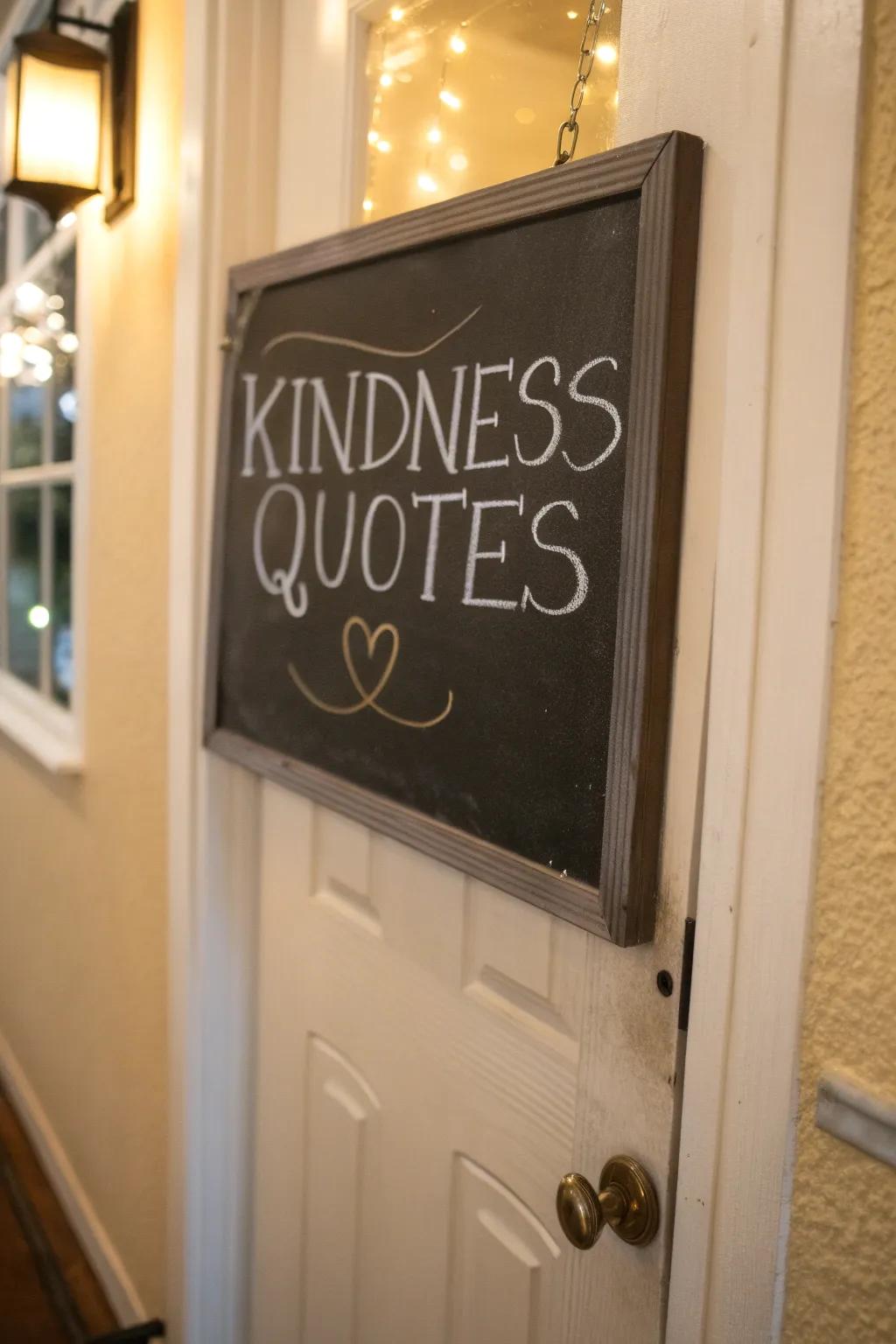 A chalkboard with kindness quotes encourages daily reflection.