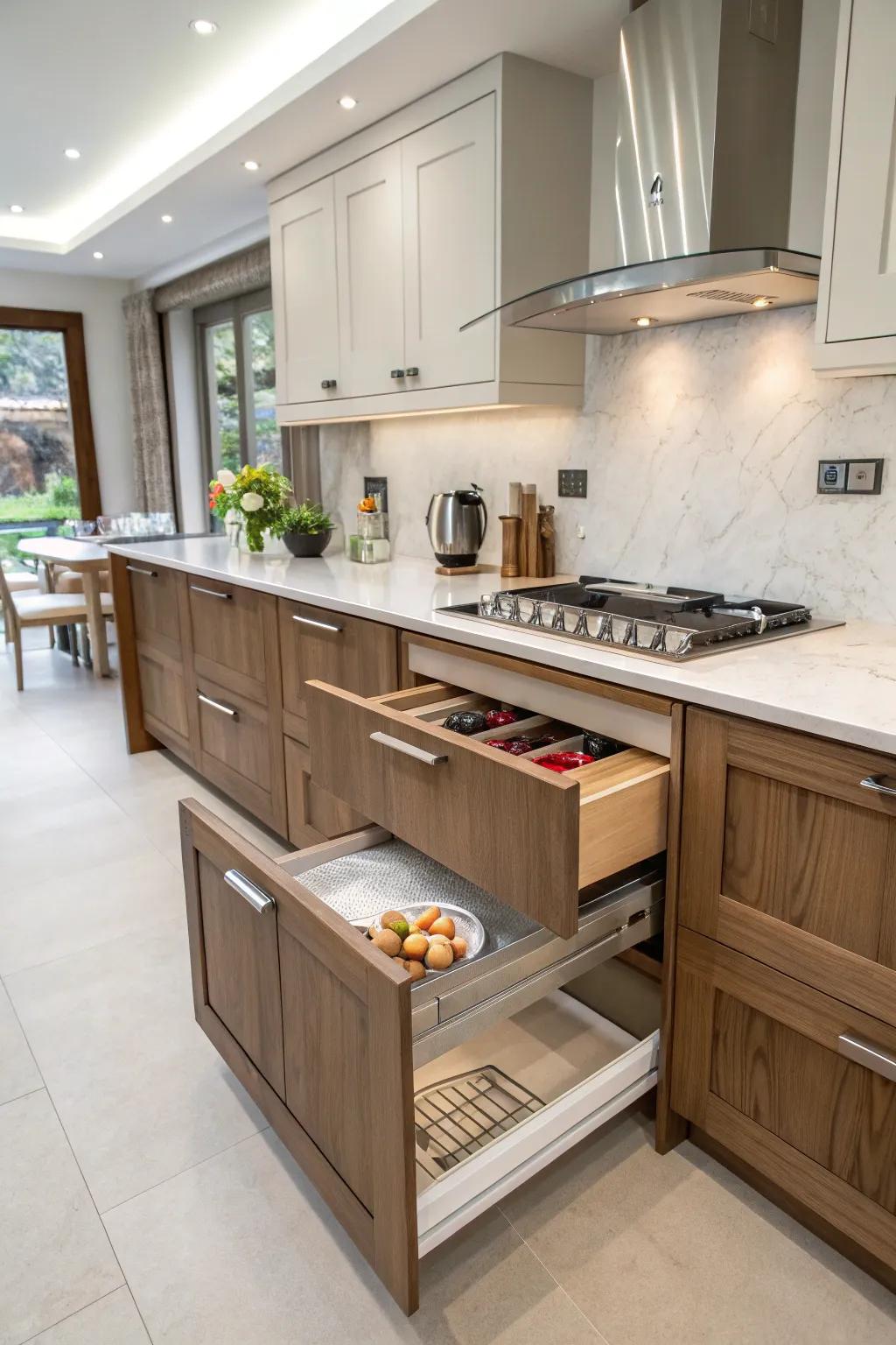 A pull-out counter extension for extra workspace on demand.