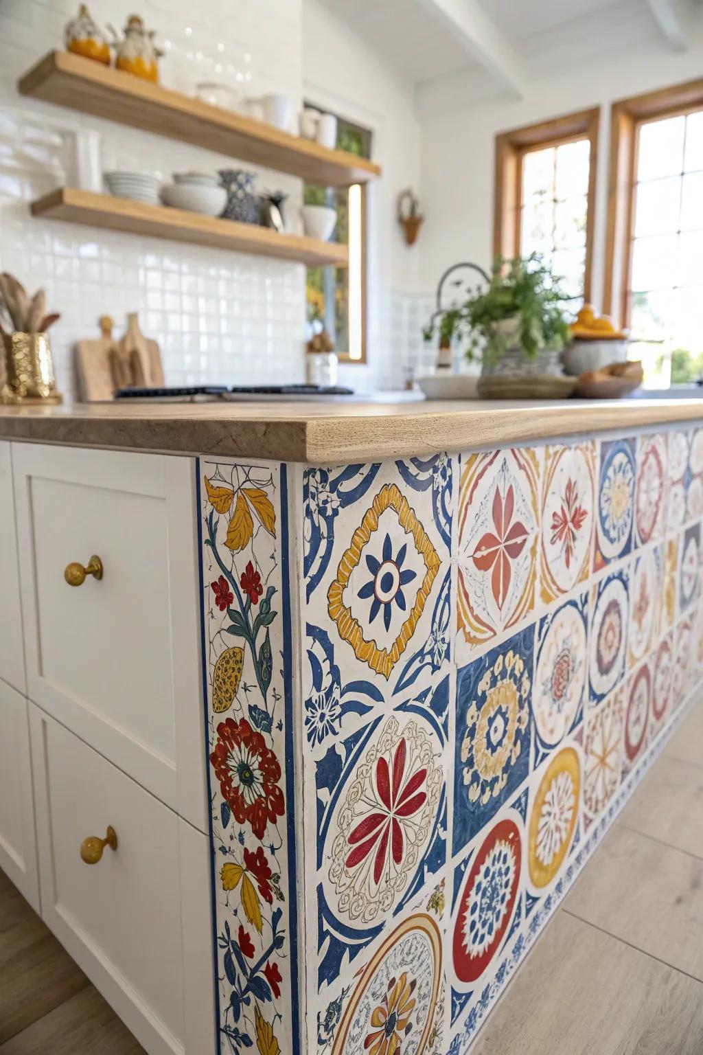 Transform your kitchen island into a masterpiece with the unique charm of hand-painted artisan tiles.