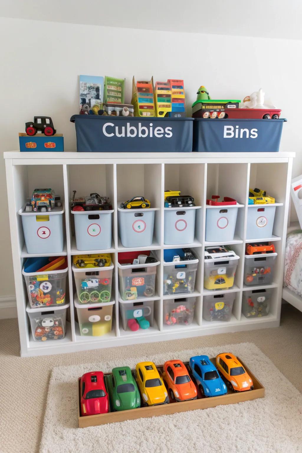 Cubbies and bins simplify toy car organization.
