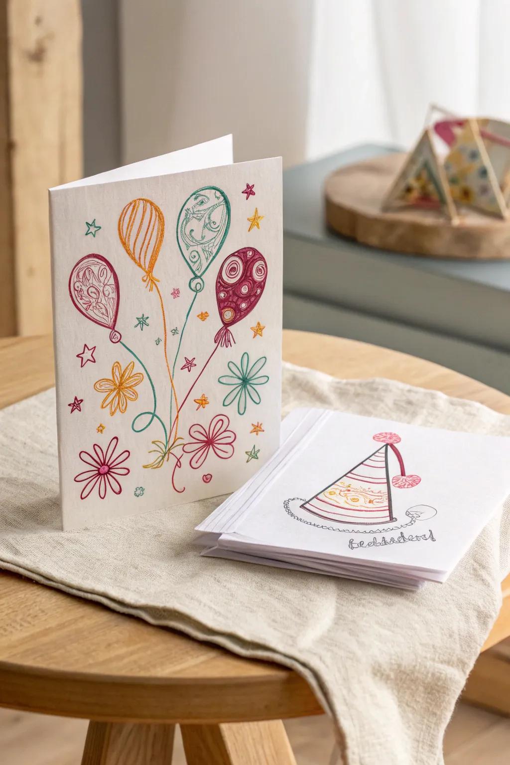 Elevate your birthday wishes with this charming doodle card—where minimalist design meets playful creativity.