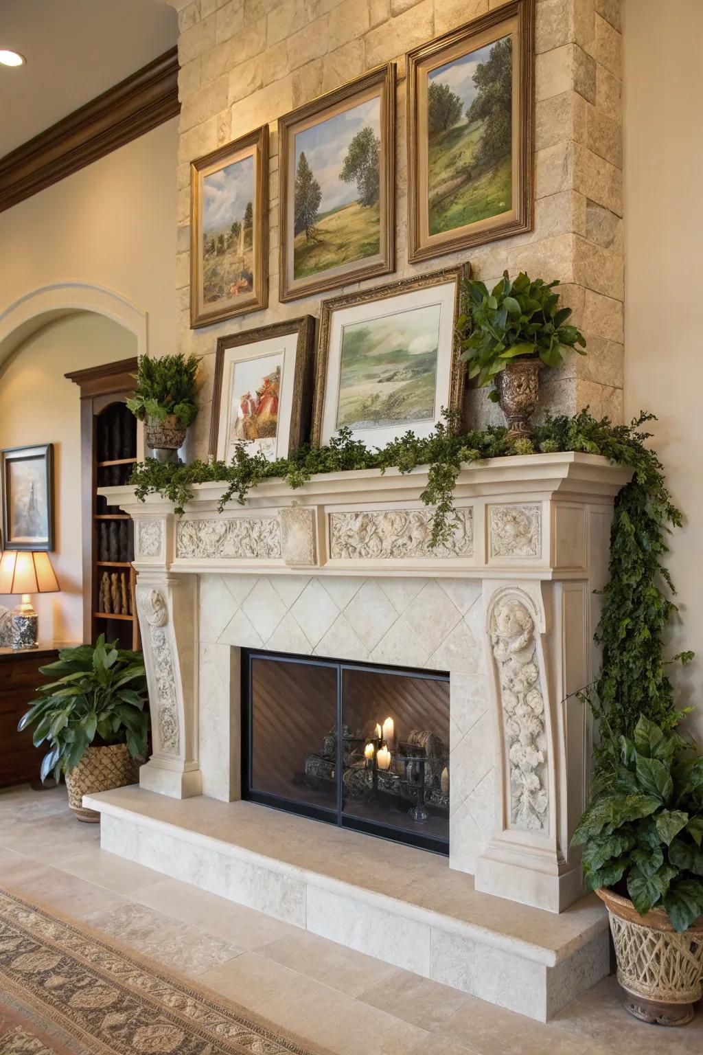 A decorated mantel adds a personal touch to a light stone fireplace.