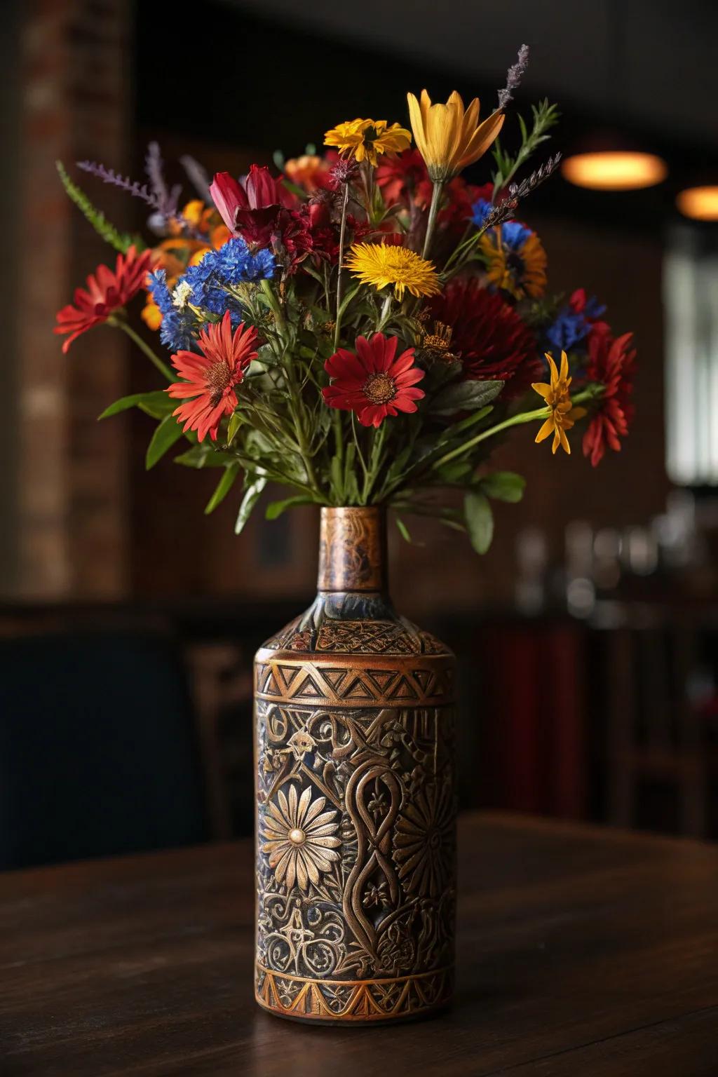 Transform elegance with every bloom: A crafted liquor bottle reimagined into a striking floral masterpiece.