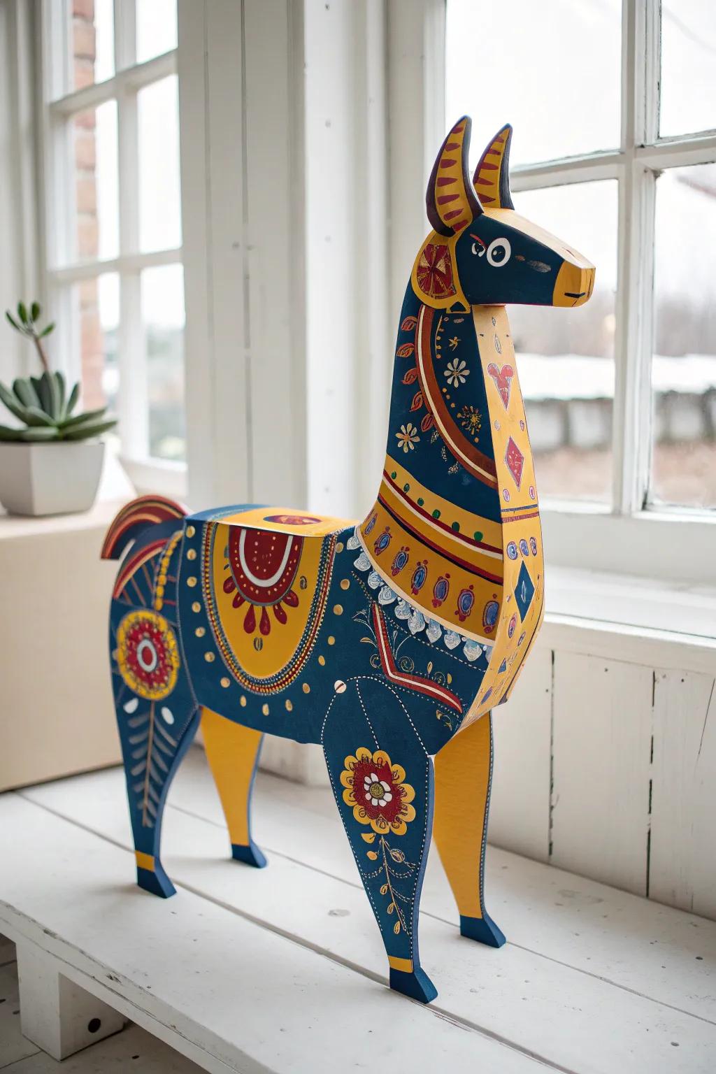 Transform your space with a touch of whimsy and sustainable style: meet the vibrant recycled cardboard llama standee!