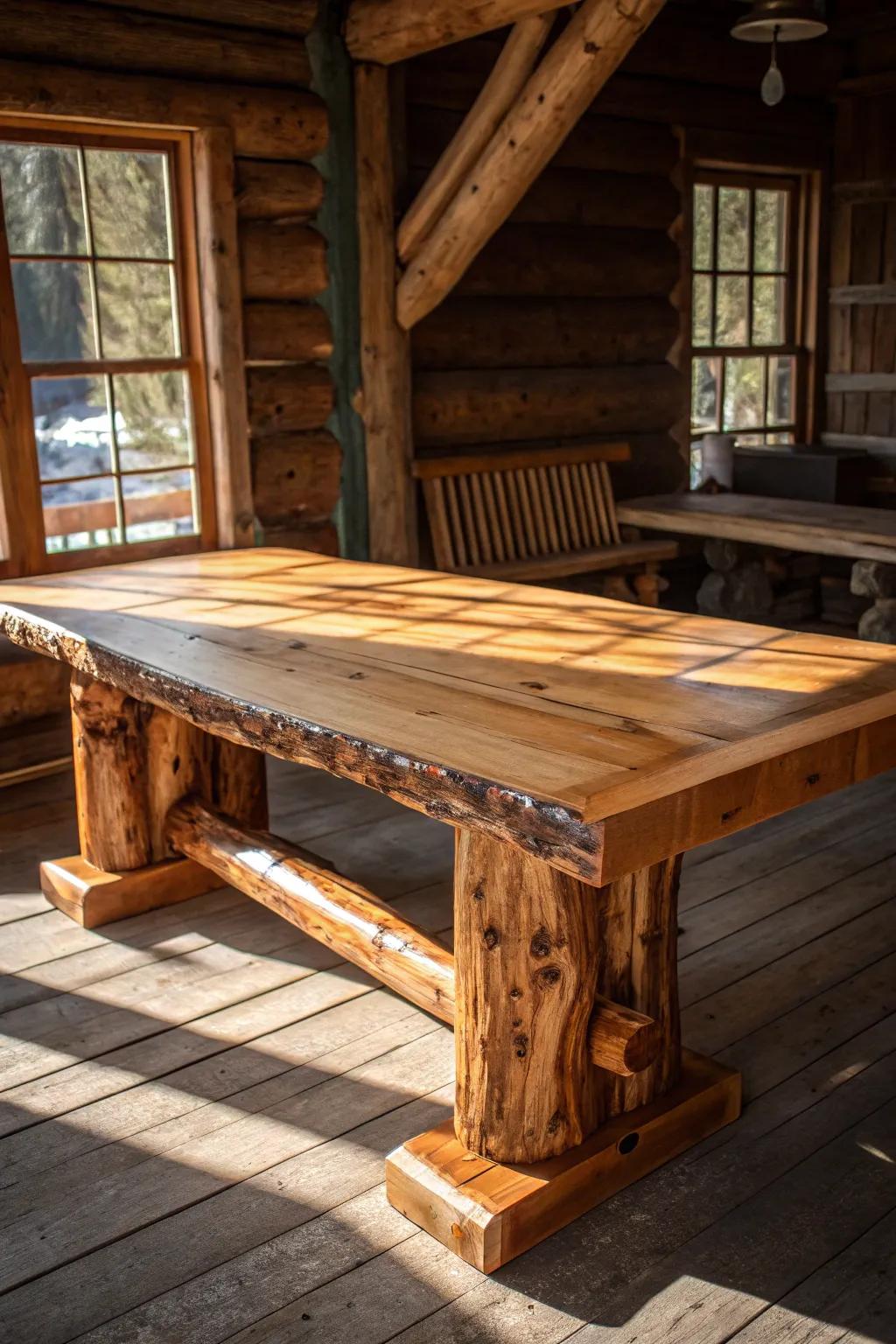 Gather around this masterfully crafted pine log dining table, where rustic charm meets artisanal excellence.