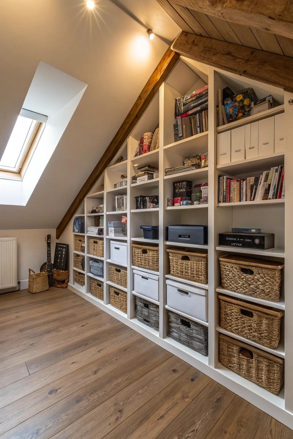 Tall shelves make the most of vertical space in a small attic.