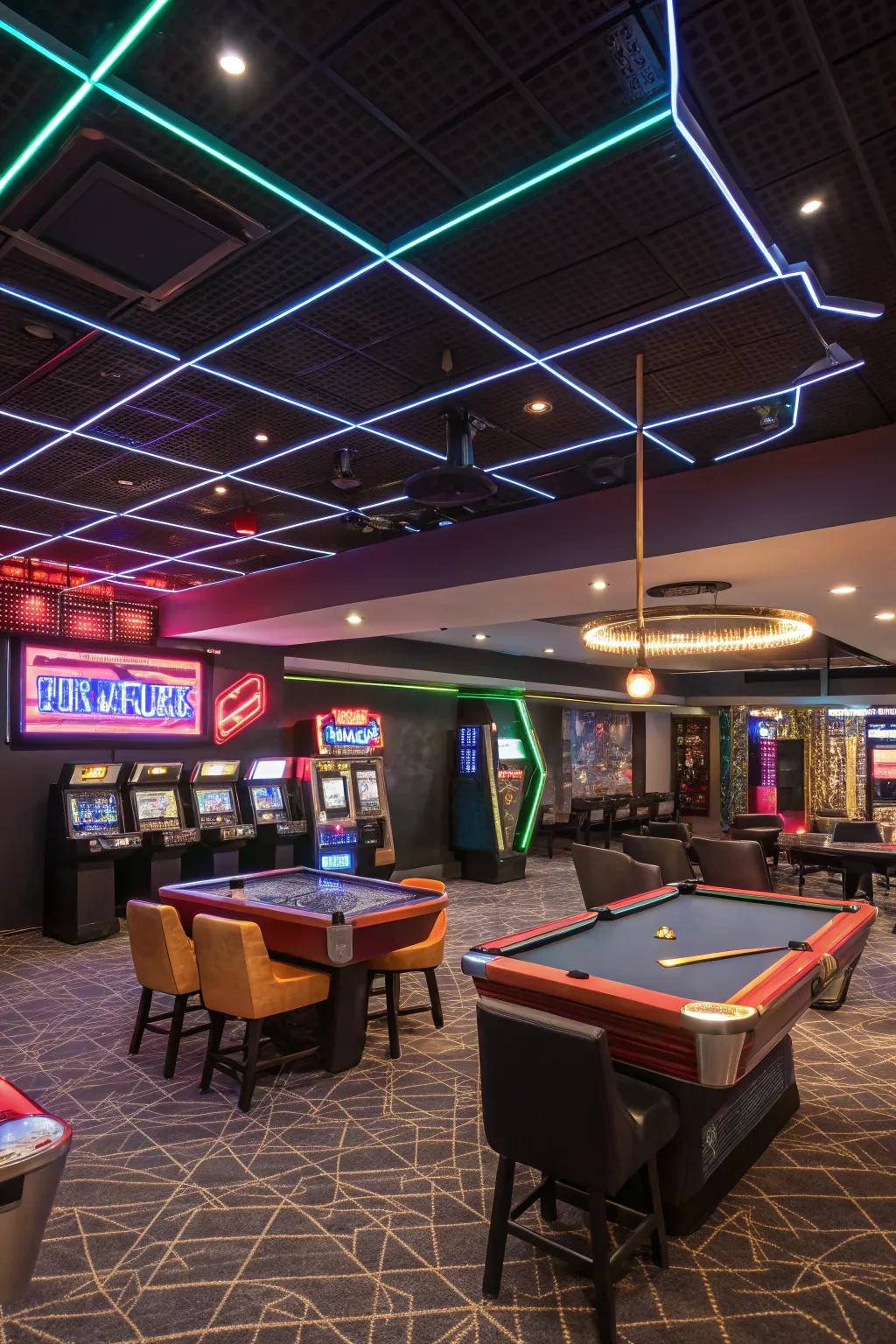 A uniquely designed ceiling adds depth and interest to a luxury game room.