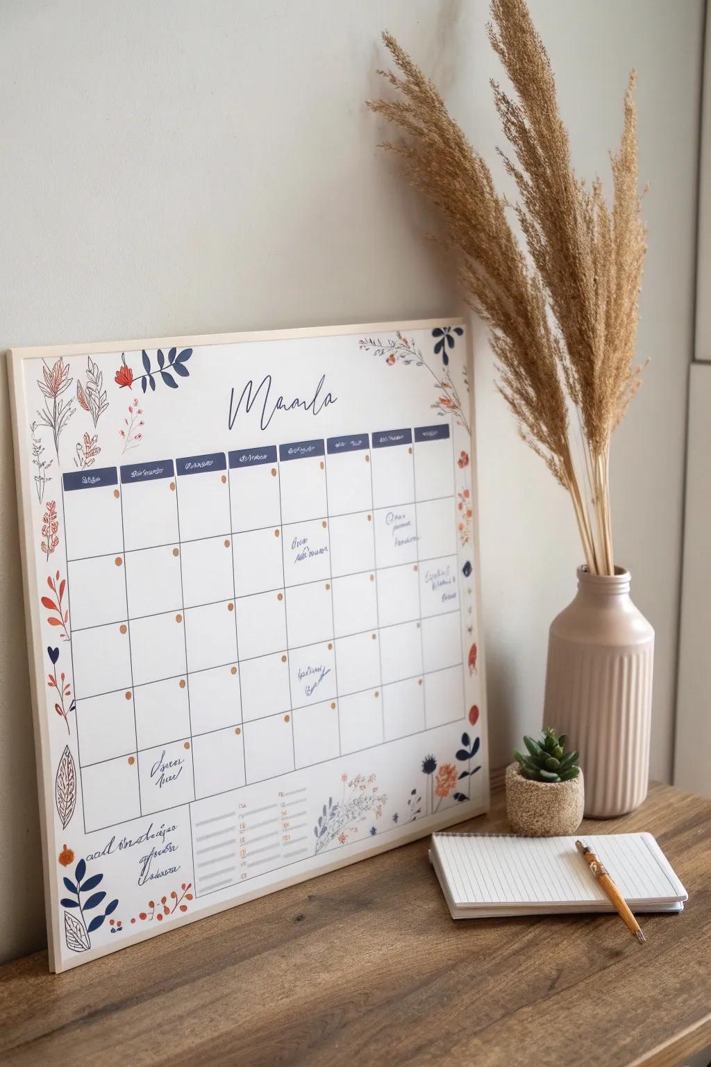 Infuse your month with inspiration: a minimalist whiteboard calendar adorned with personal touches.