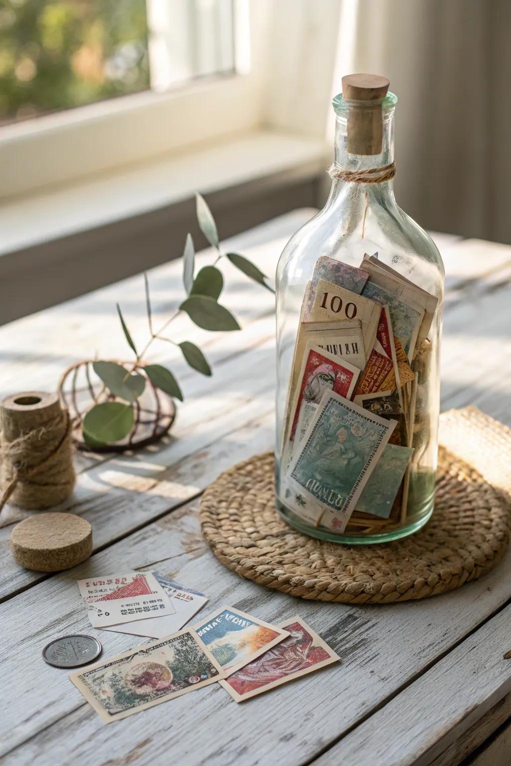 Capture your journeys with a travel time capsule: a message in a bottle filled with memories.