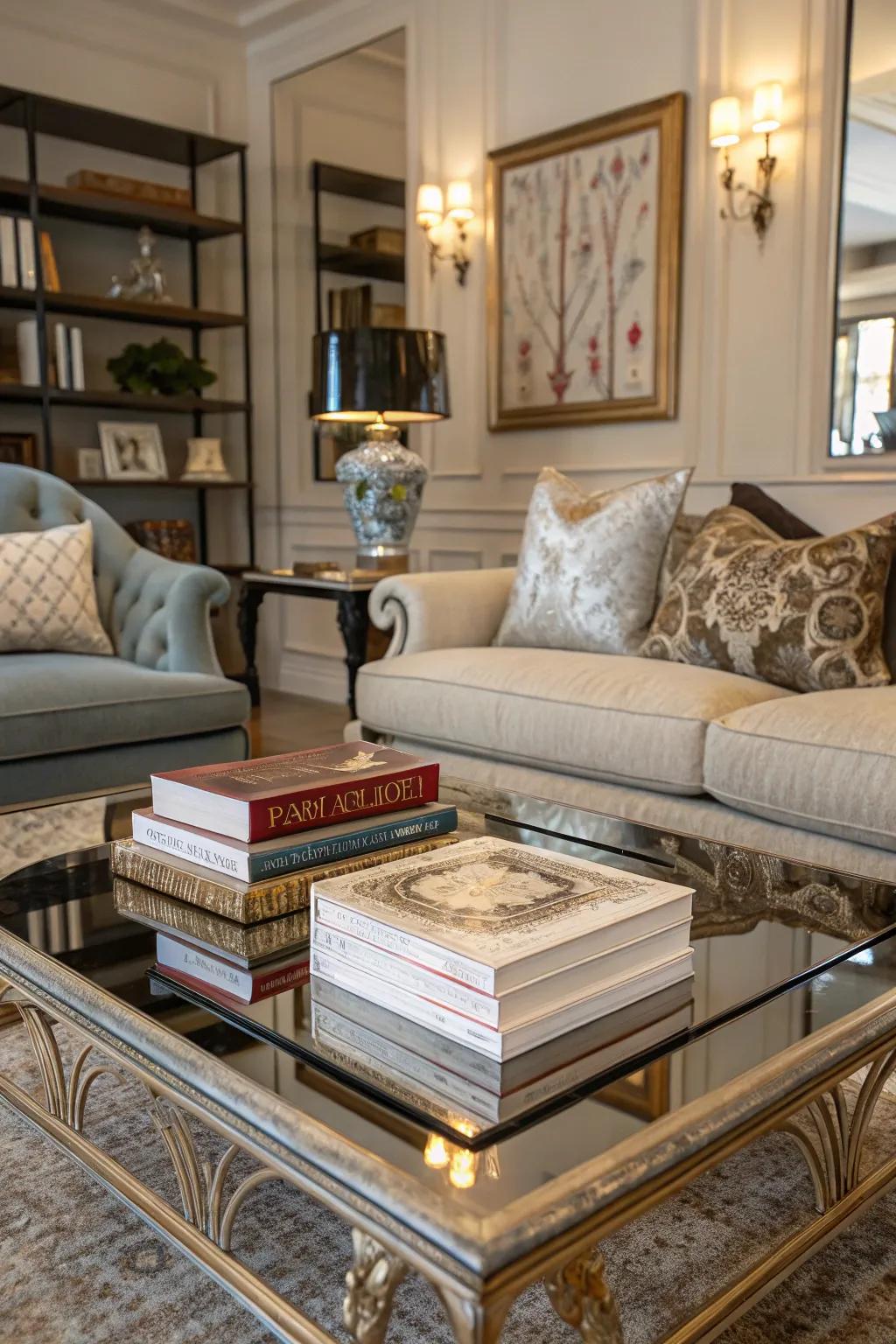 Books and trays bring layered sophistication to your mirror coffee table.