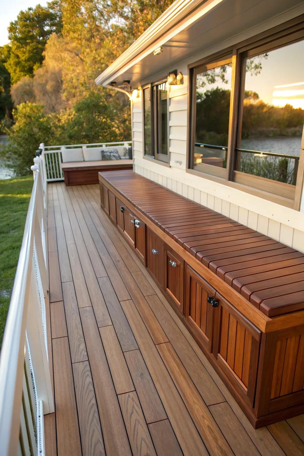 Maximize your deck's potential with stylish built-in seating that combines elegance and practicality.