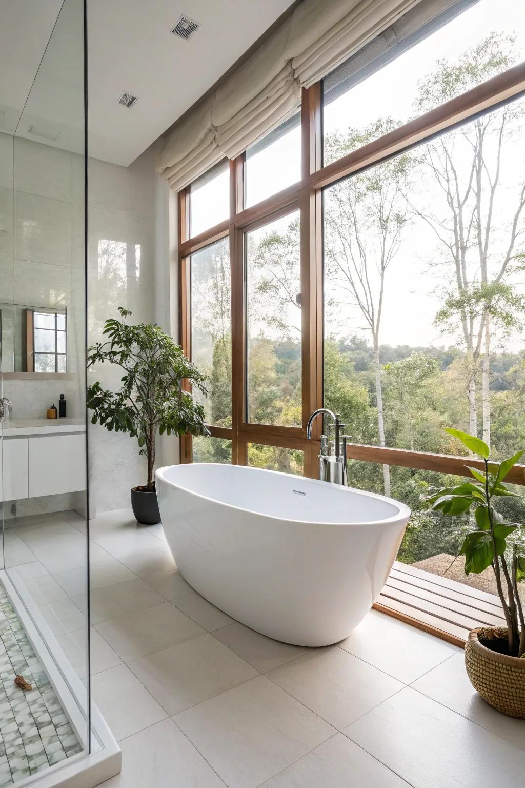 A sleek freestanding bathtub becomes the focal point in this elegant bathroom.