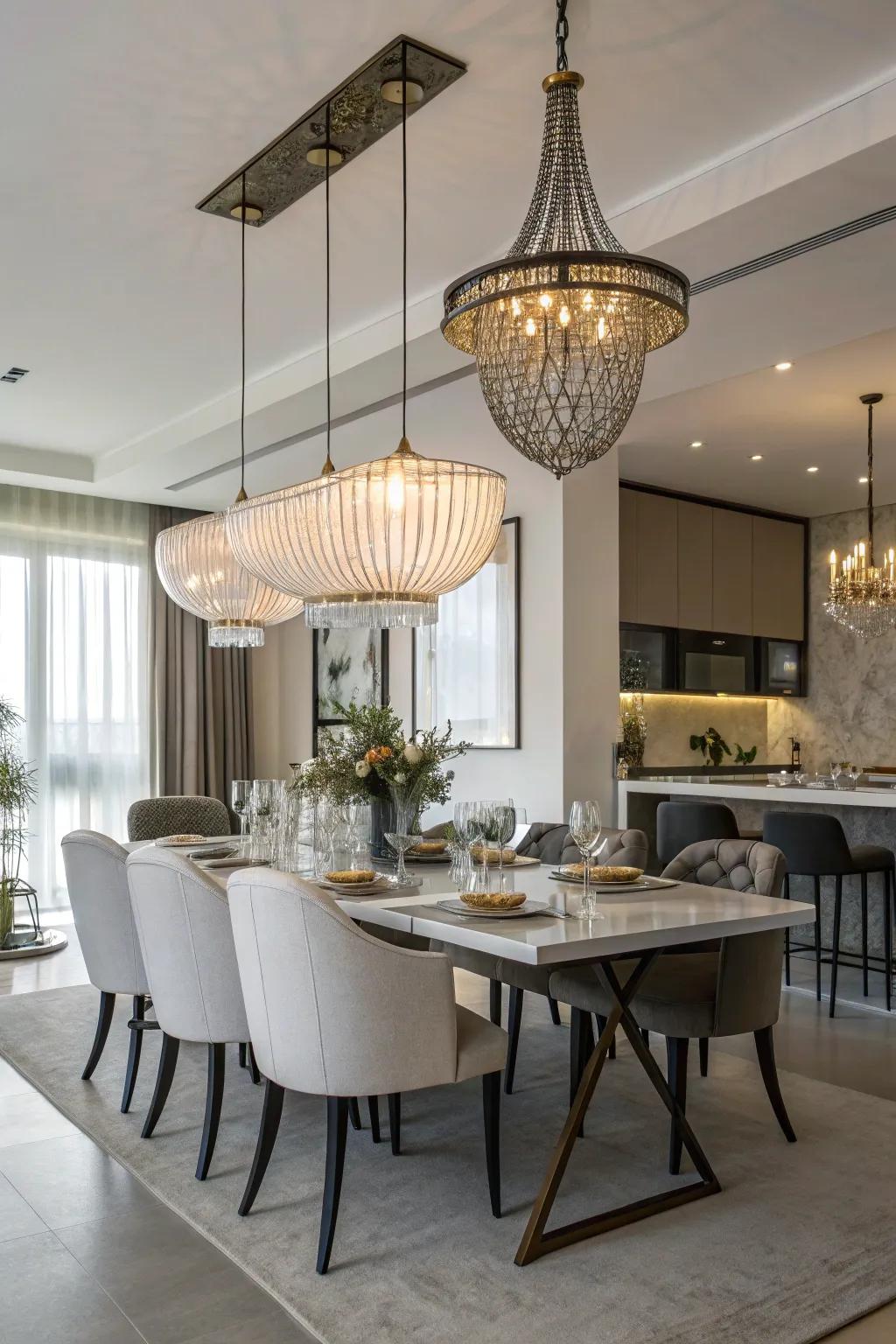 Mixed-material light fixtures adding texture to a modern dining room