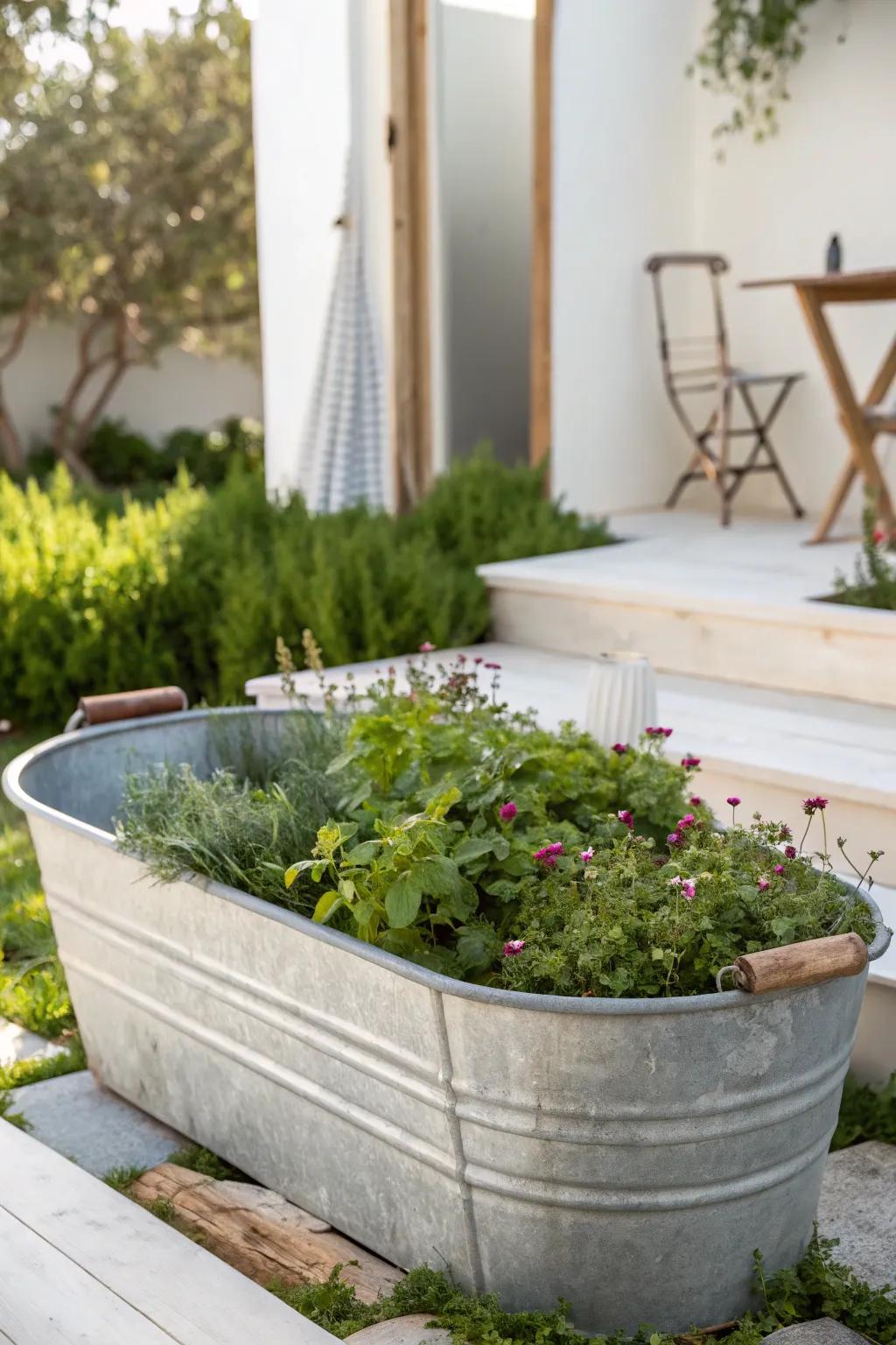 Transform your garden with the rustic charm of galvanized tubs. Perfect for a minimalist touch with a boho flair!