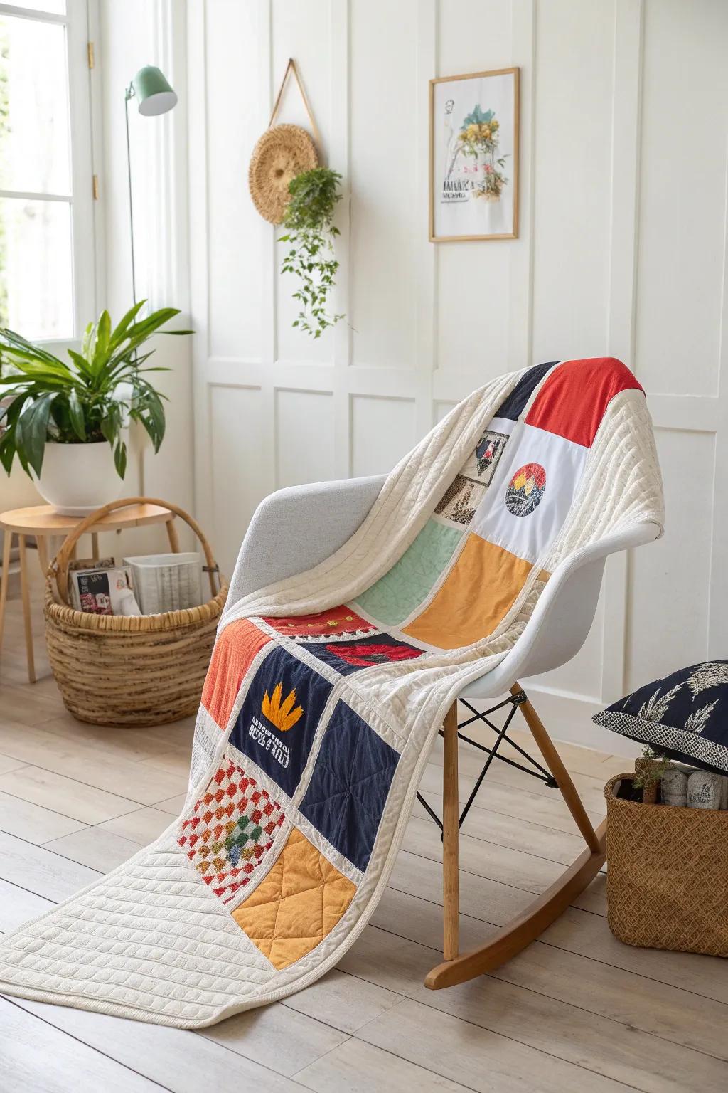 Embrace the beauty of asymmetry with this modern t-shirt quilt, where each piece tells its own story.