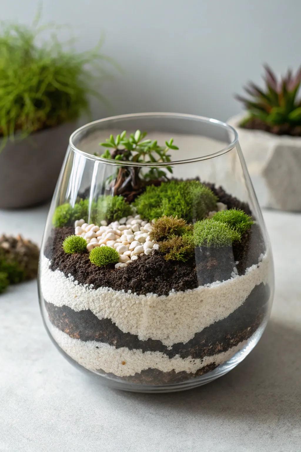 Embrace the art of layering with this stunning moss terrarium, where simplicity meets natural elegance.