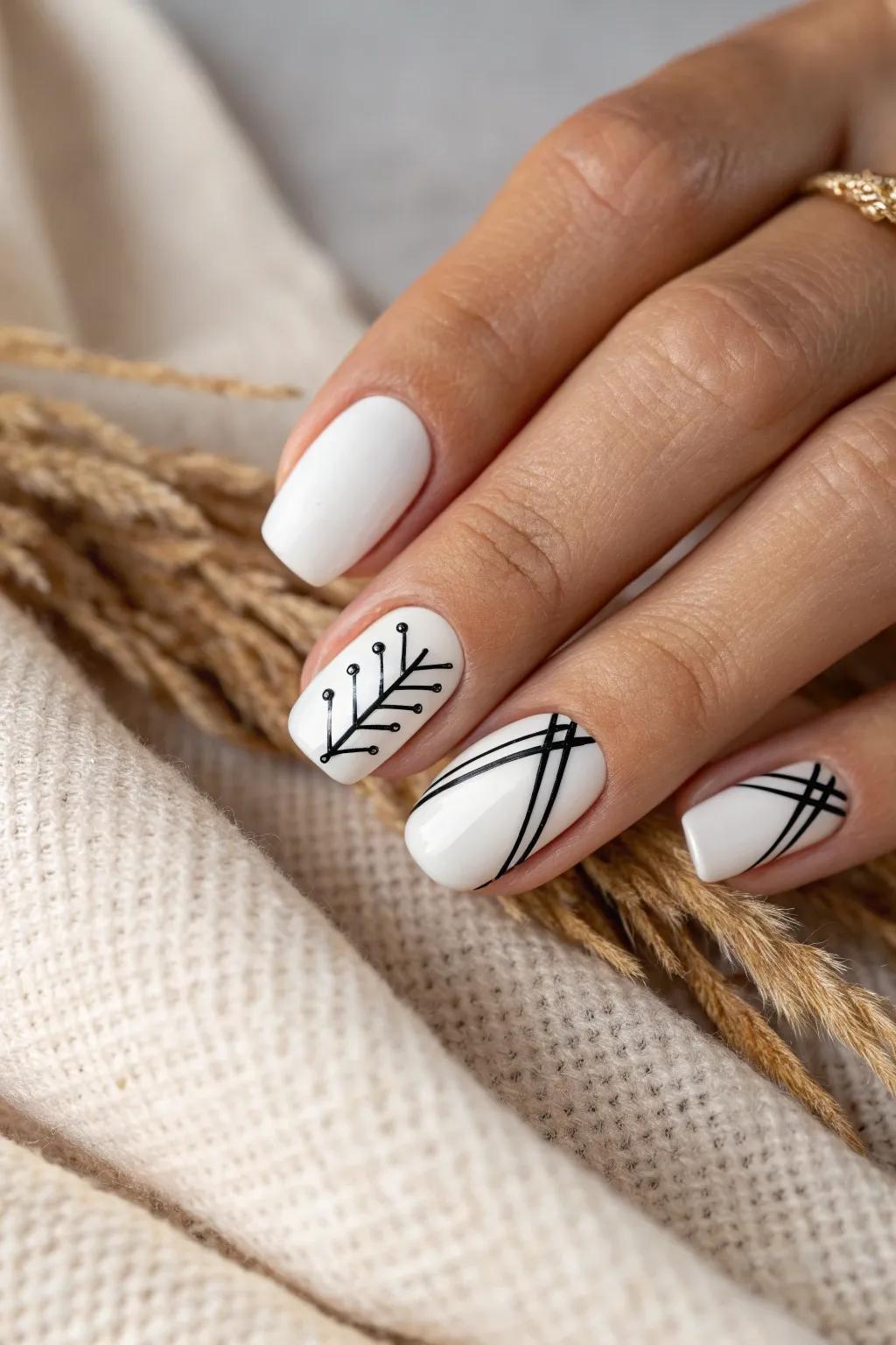 Embrace the elegance of monochrome with minimalist black line nail art that speaks volumes in simplicity.